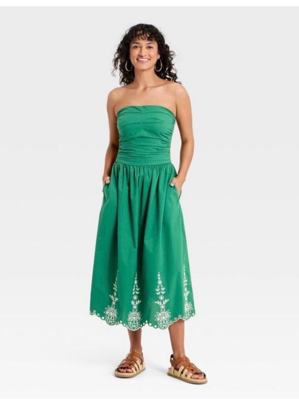 Adorable Strapless Green Midi Dress with Embroidered Hem